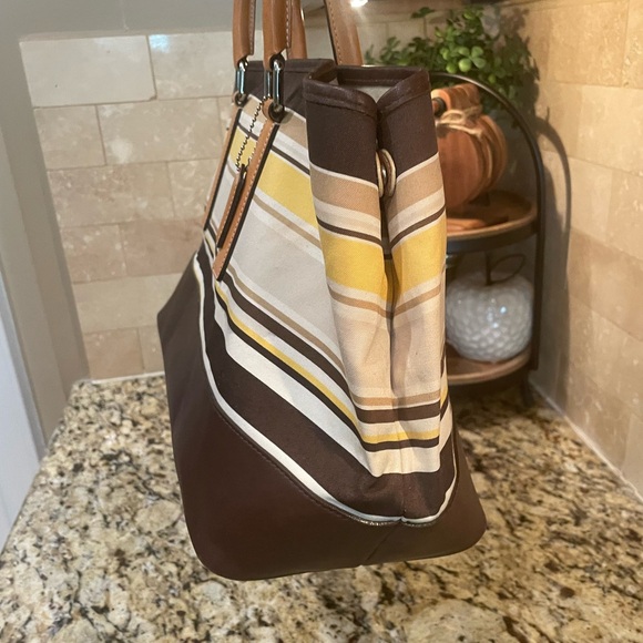 Coach Leather Canvas Striped Brown Yellow & Tan Satchel Bag - Picture 3 of 9